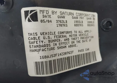 2004 Saturn Ion 2 from USA, damaged, VIN 1G8AJ52F14Z207637